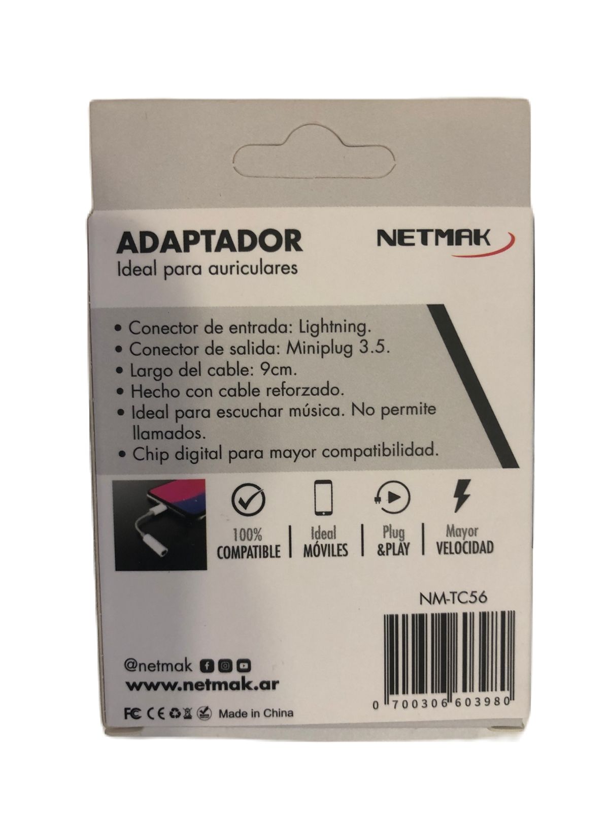 Adaptador Lightning Iphone A Jack 3.5 Tc56 Netmak - Imagen 2