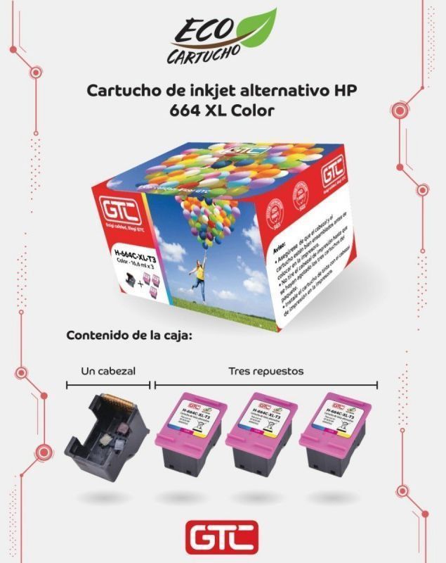 Kit Recarga Cabezal + 3 Cartuchos 664 Xl Color Gtc - Imagen 3