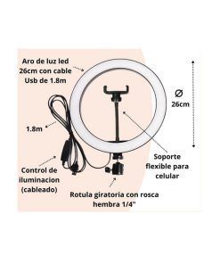 Aro Selfie 26cm Luz Calida/Fria + Tripode 2.1m Metal - Imagen 2