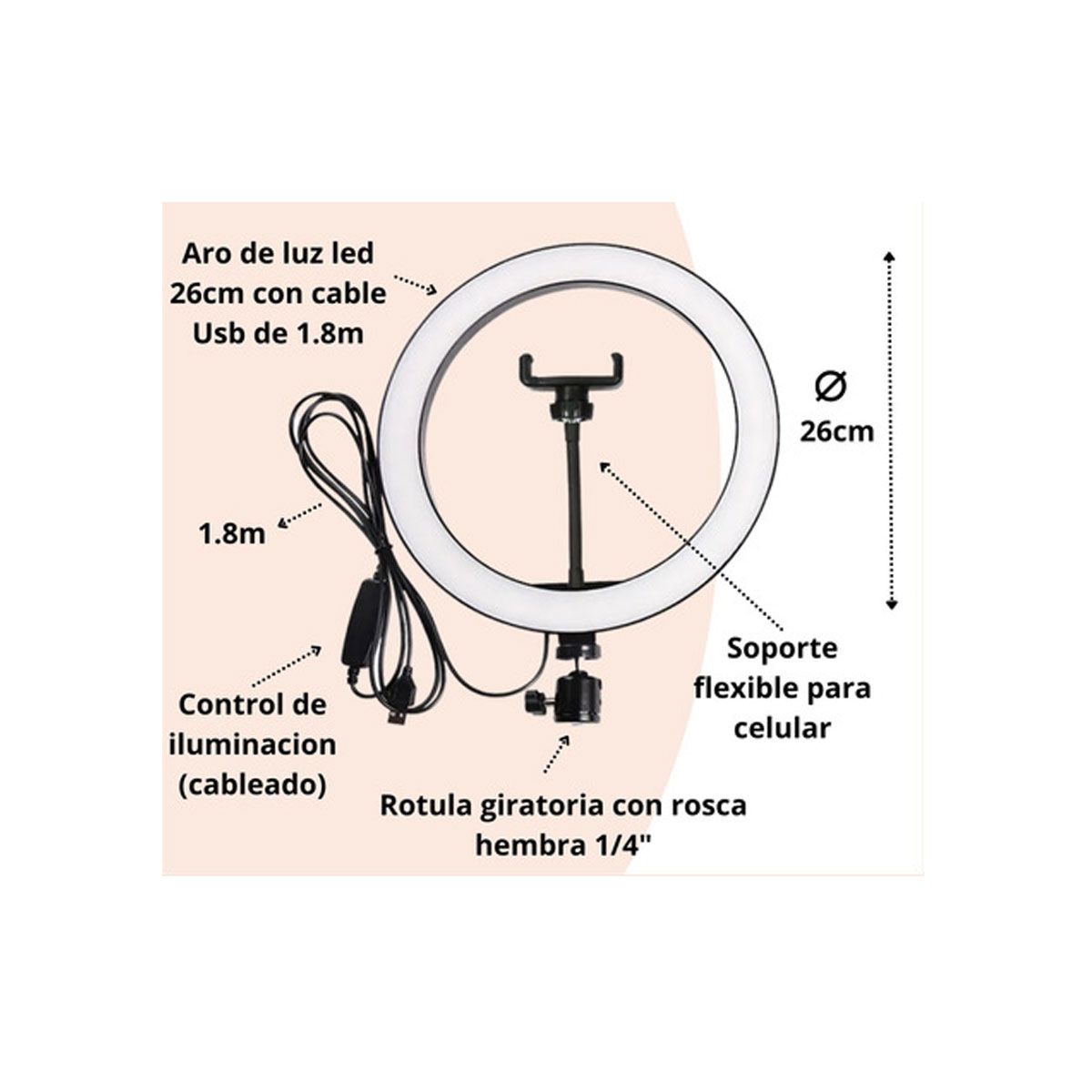 Aro Selfie 26cm Luz Calida/Fria + Tripode 2.1m Metal - Imagen 2
