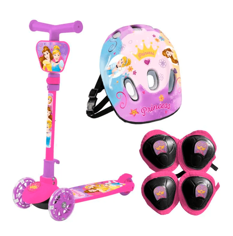 Monopatin Princesas Con Kit De Seguridad Disney 3 Ruedas Led 73 X 57 X 12 Cm