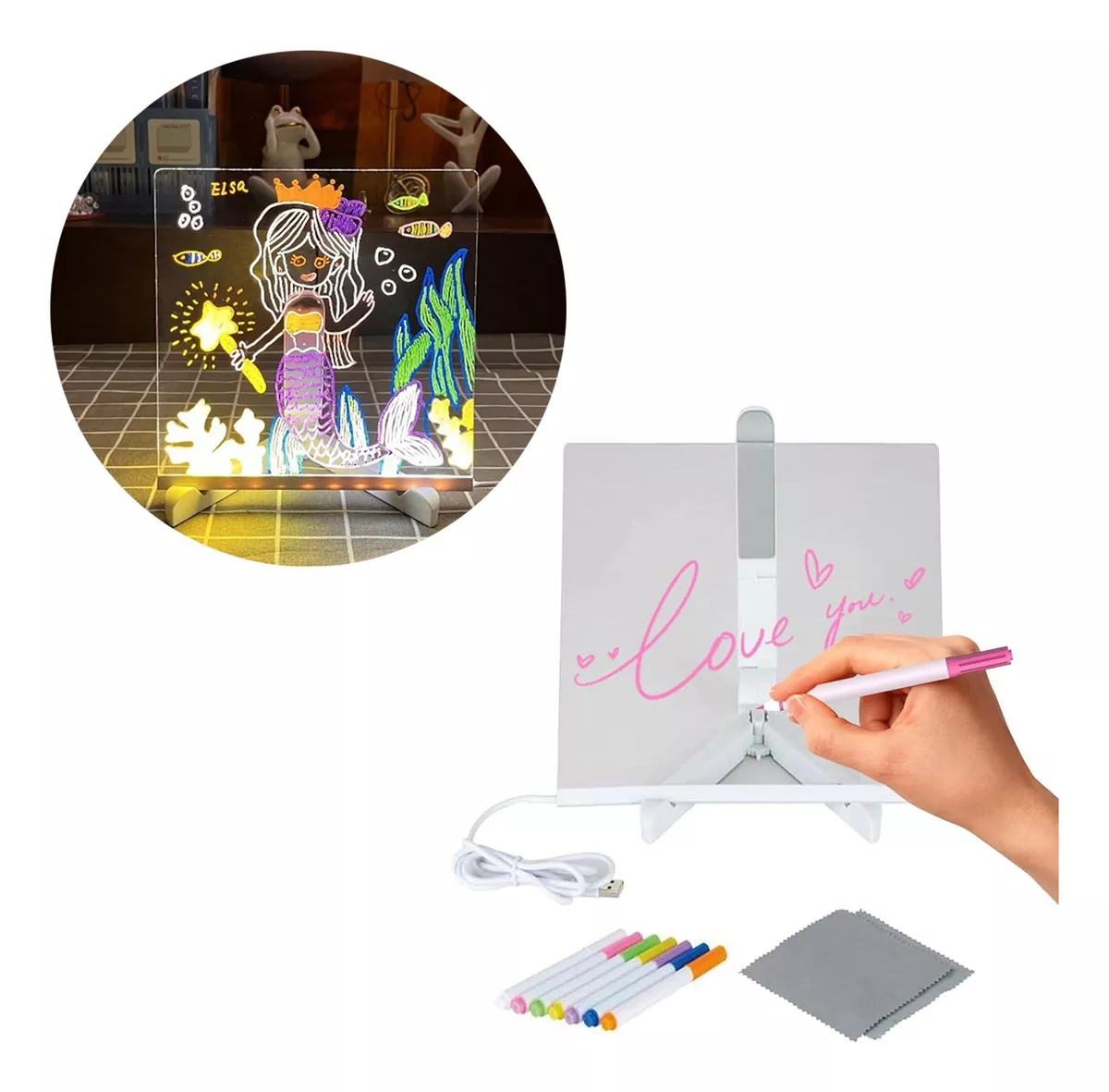 Pizarra Magica Luminosa 15x15 Cm Luz Led Usb Acrilico