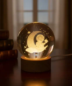Luz De Noche Esfera De Cristal Niño Sentado en Luna 3D Led Usb