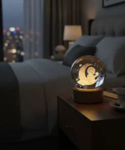 Luz De Noche Esfera De Cristal Niño Sentado en Luna 3D Led Usb - Imagen 2