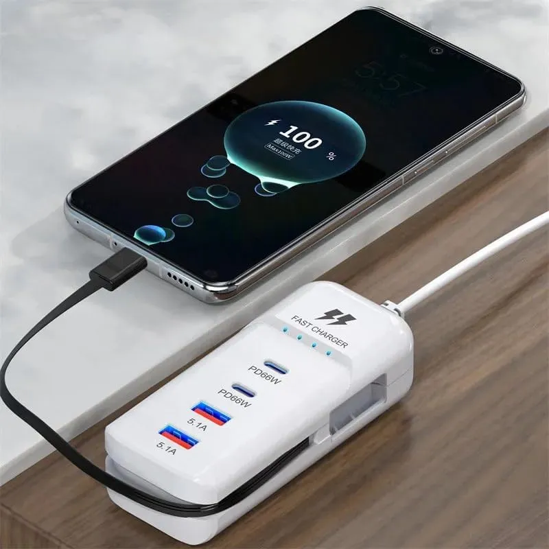 Mini Zapatilla Hub 2 Tipo C 66w + 2 Usb 5.1a 220v + Tipo C