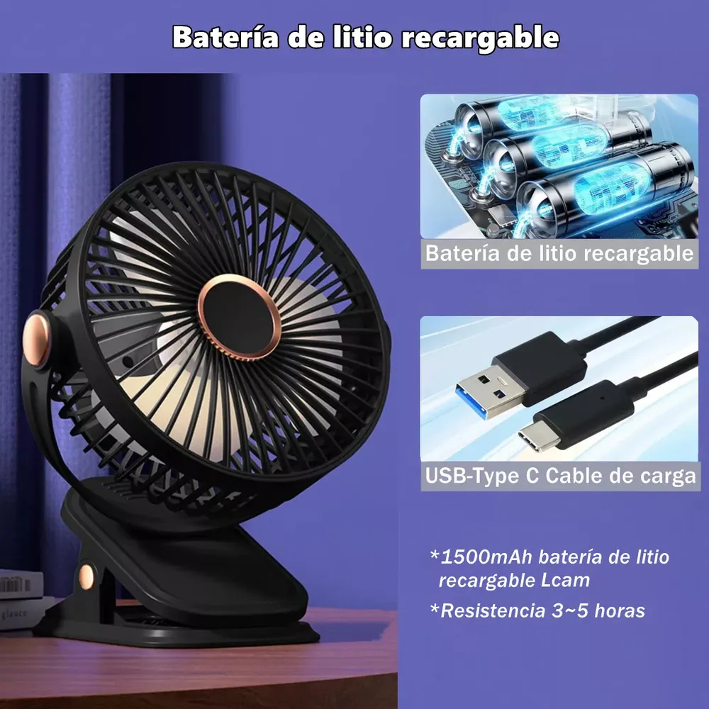 Ventilador Usb Recargable Con Broche Sl 616 16cm X 12cm - Imagen 2
