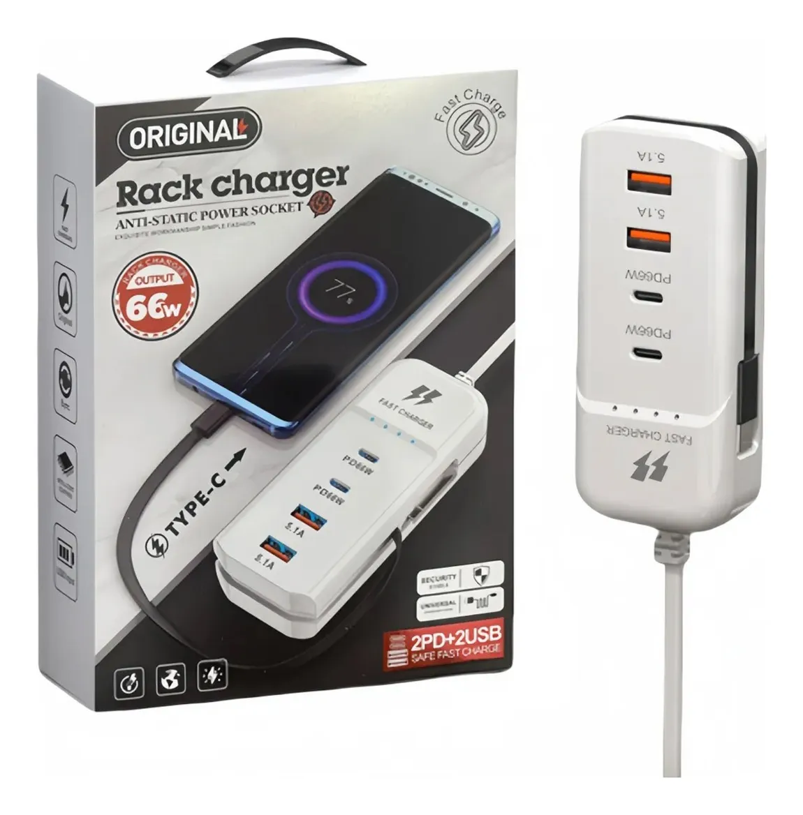 Mini Zapatilla Hub 2 Tipo C 66w + 2 Usb 5.1a 220v + Tipo C - Imagen 3