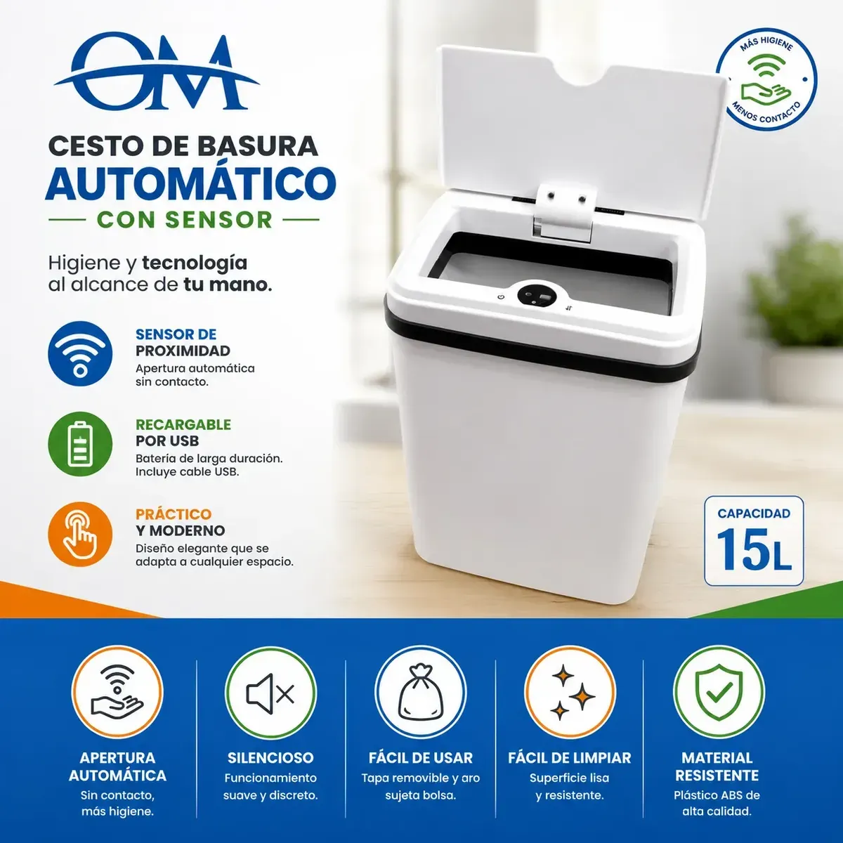 Cesto De Basura Automático Om 15l Recargable Usb Blanco - Imagen 3