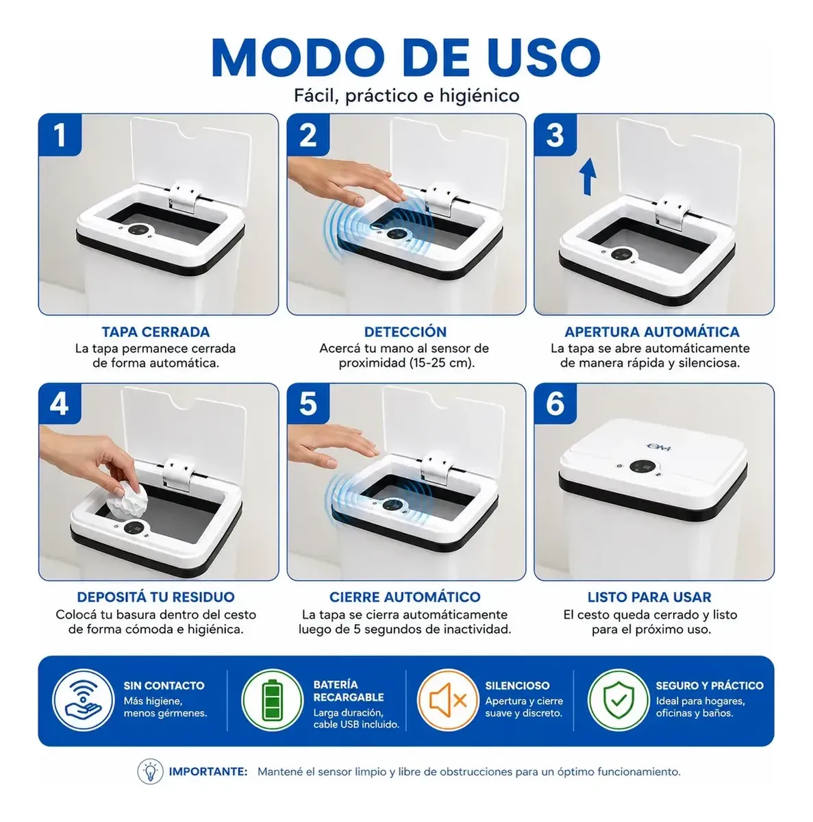 Cesto De Basura Automático Om 15l Recargable Usb Blanco - Imagen 4
