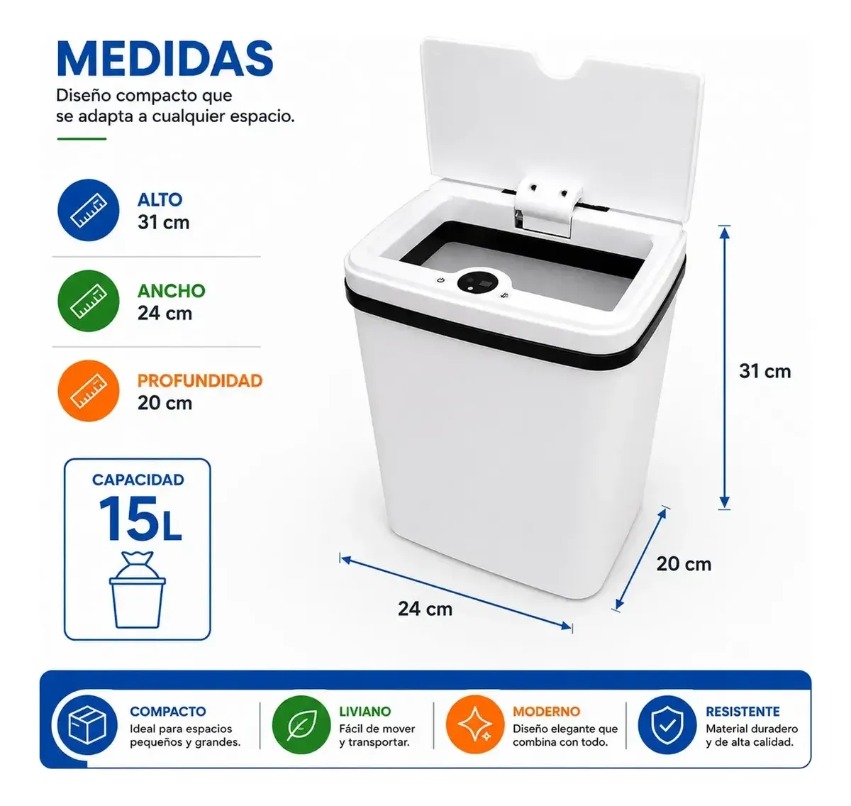 Cesto De Basura Automático Om 15l Recargable Usb Blanco - Imagen 5