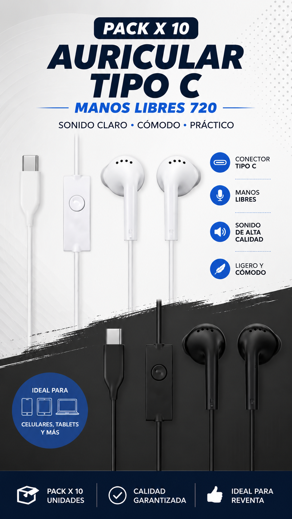 Pack X 10 Auricular Tipo C Manos Libres 720 - Imagen 2