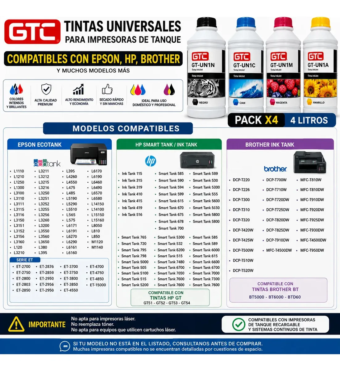 Pack X 4 Tintas x 1 Litro Universal GTC - Imagen 3