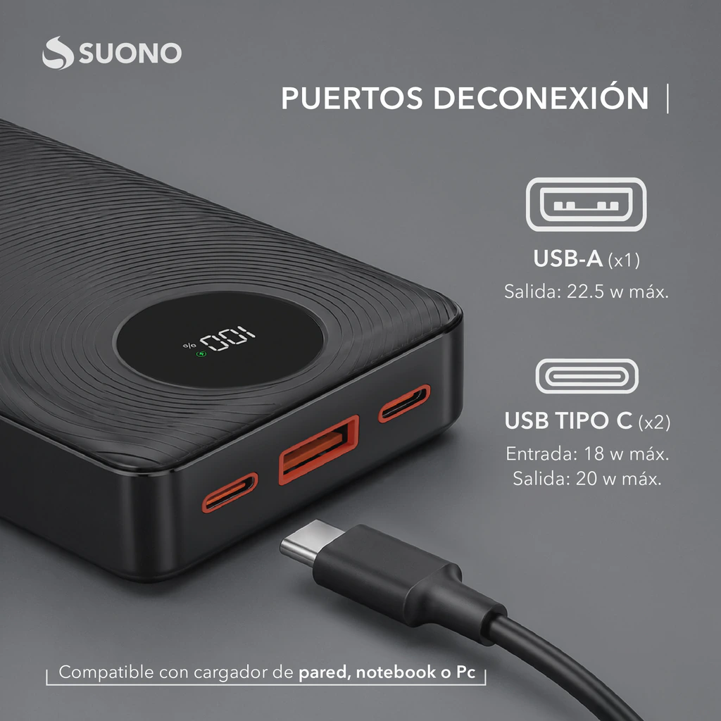 Cargador Power Bank 20000 Carga Rápida 22.5w Suono - Imagen 6
